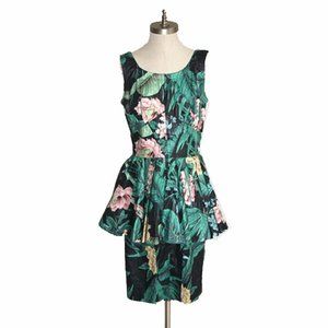 Vtg 80s Karen Alexander Floral Peplum Dress S/M